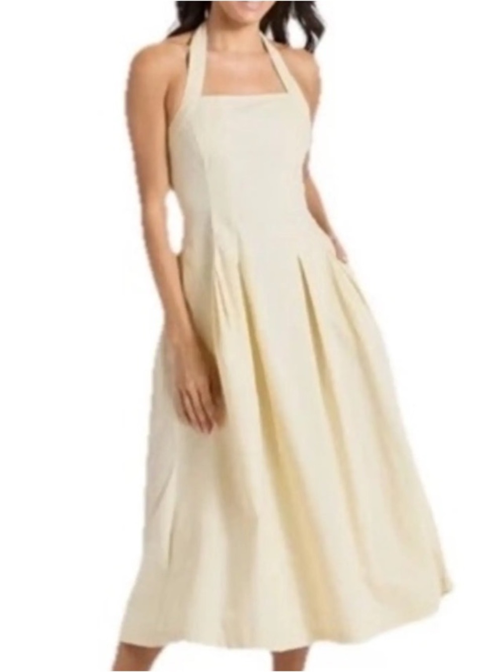A New Day Cream Halter Midi Dress Size M Pleated A-Line with Pockets NWOT